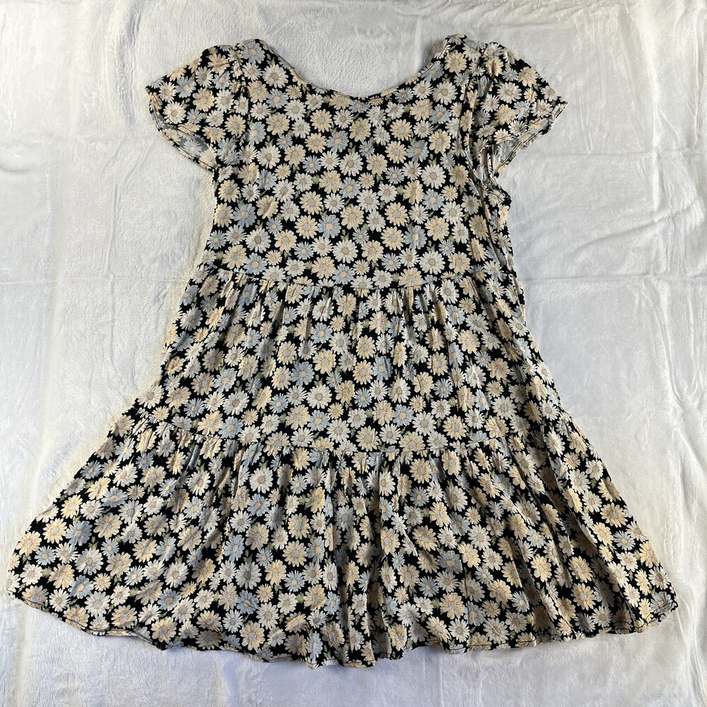 UltraFlirt L Black Daisy Floral Tiered Babydoll Mini Dress Cottagecore Y2K 90s